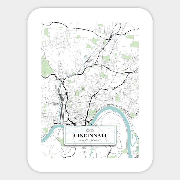 Cincinnati, Ohio City Map with GPS Coordinates Sticker by danydesign